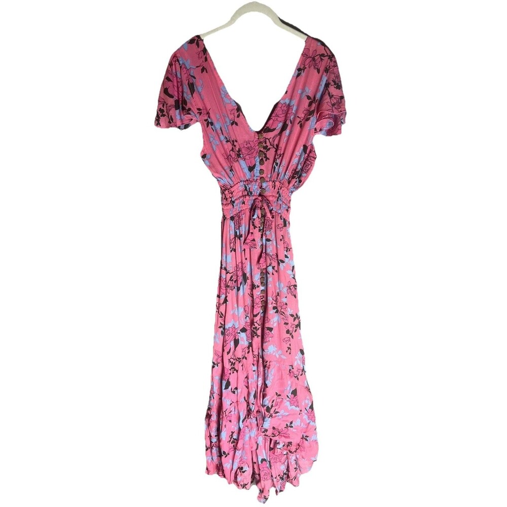 TIARE HAWAII  PINK BLUE  FLORAL STRAPLESS TIE FRONT MOANA MAXI DRESS S/M